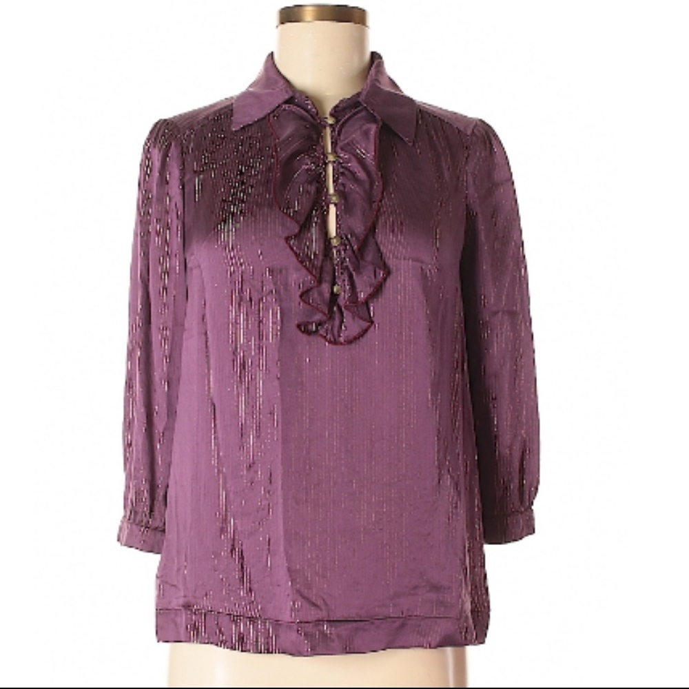 Ella Moss Metallic detail Striped Print Blouse size small puple ruffles
